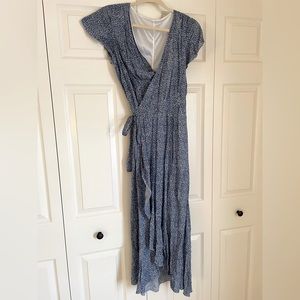 Blue tiny floral print midi wrap dress
